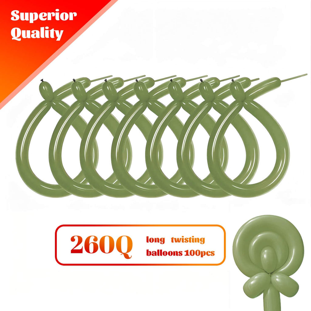 KAWKALSH 260 Avocado Green Long Balloons – 100pcs Dense Latex for Creative Twists & Party Decor