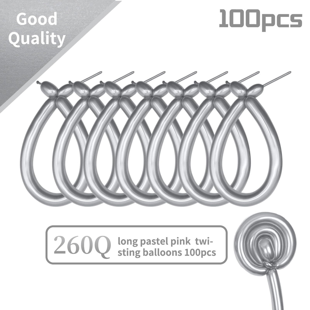 KAWKALSH 260 Metallic Silver Long Balloons – 100pc for Garlands, Twisting Animals, and Party Decor