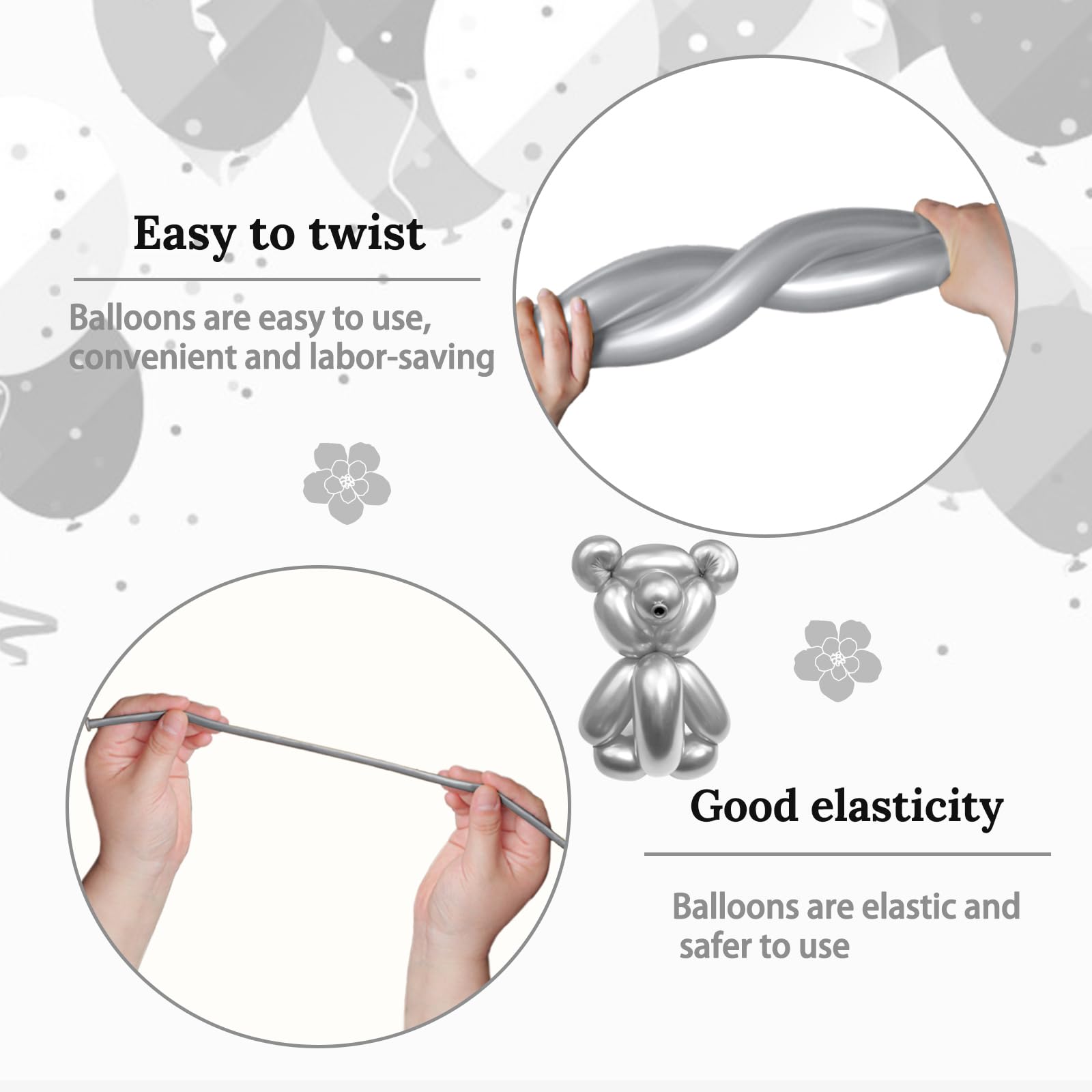 KAWKALSH 260 Metallic Silver Long Balloons – 100pc for Garlands, Twisting Animals, and Party Decor