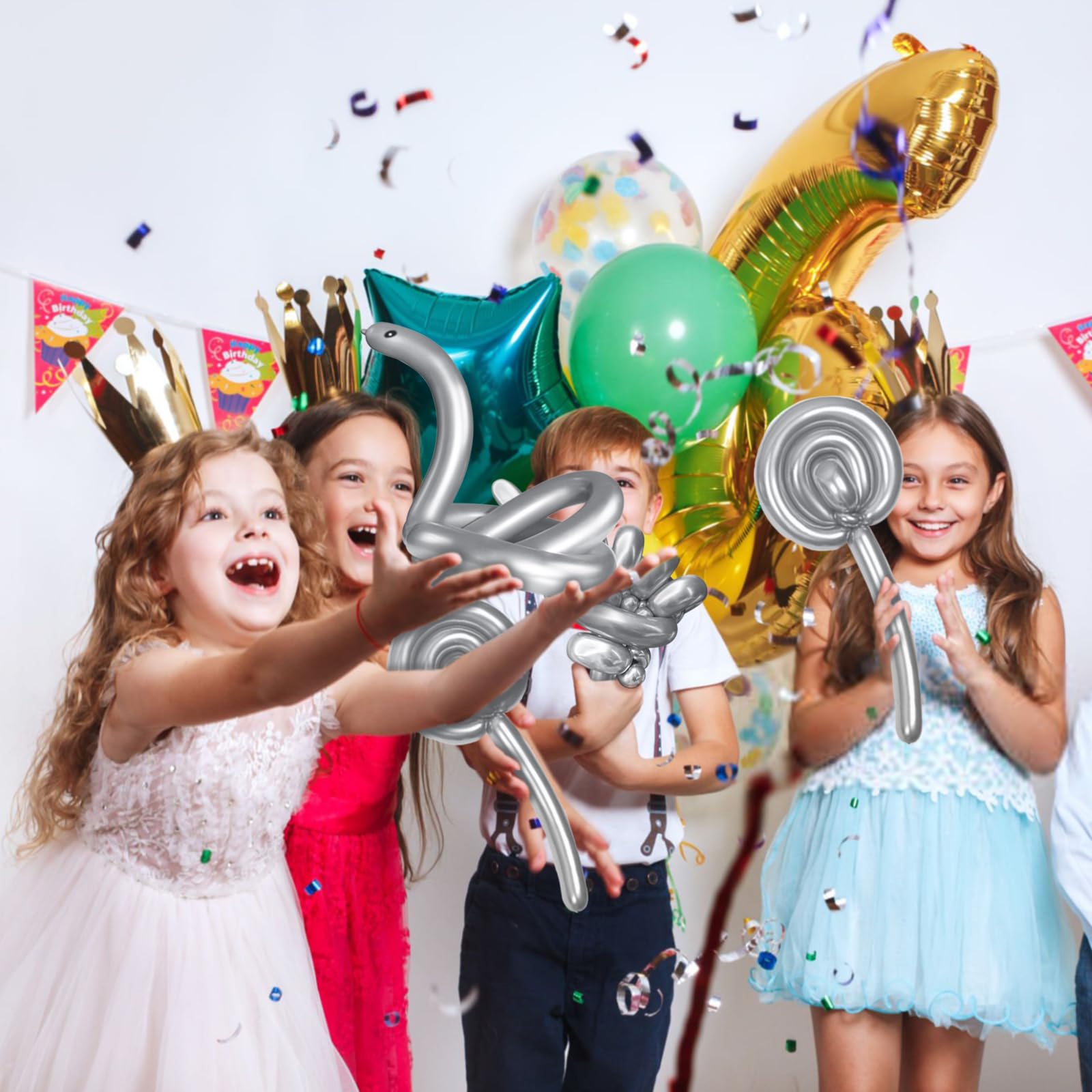 KAWKALSH 260 Metallic Silver Long Balloons – 100pc for Garlands, Twisting Animals, and Party Decor