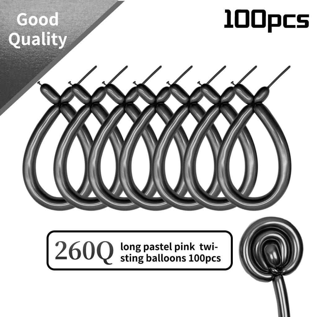 KAWKALSH 260 Metallic Black Long Balloons – Thick Natural Latex, 100pcs Balloon Twisting Kit