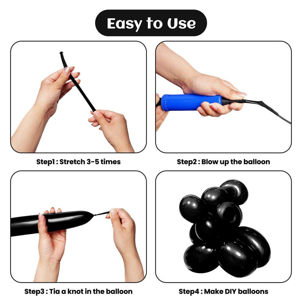 KAWKALSH 260 Black Long Balloons – Thick 20% Latex for Twisting & Party Decor (100pcs)