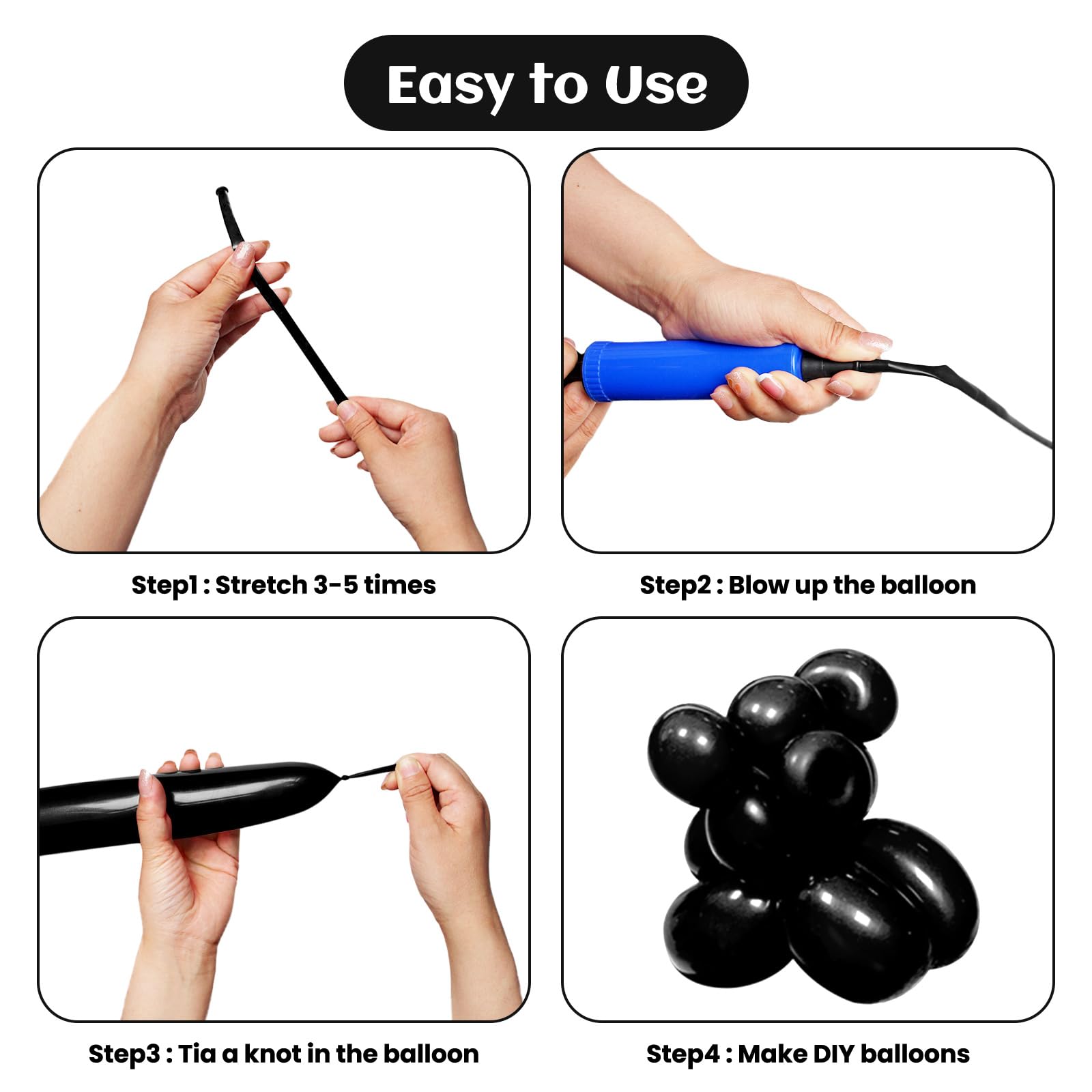 KAWKALSH 260 Black Long Balloons – Thick 20% Latex for Twisting & Party Decor (100pcs)