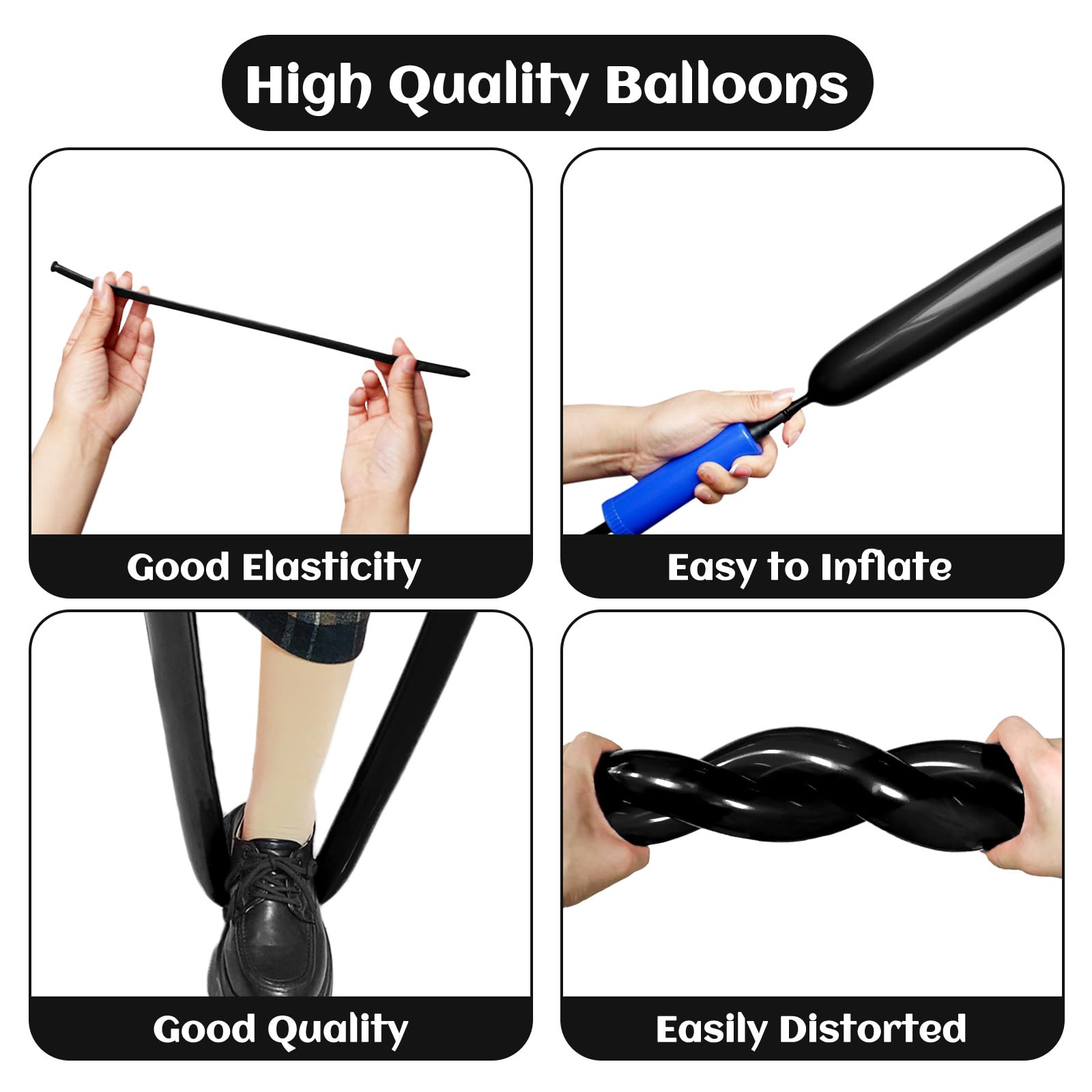 KAWKALSH 260 Black Long Balloons – Thick 20% Latex for Twisting & Party Decor (100pcs)
