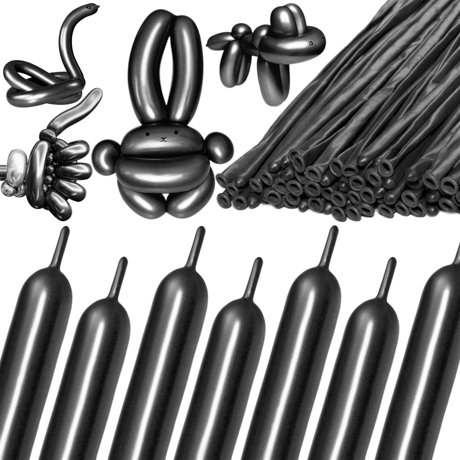 KAWKALSH 260 Metallic Black Long Balloons – Thick Natural Latex, 100pcs Balloon Twisting Kit