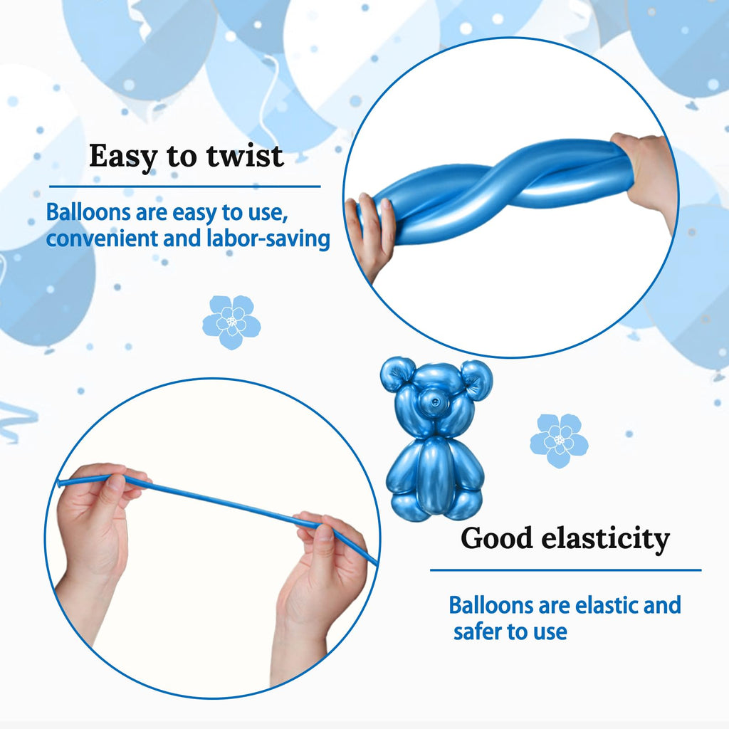 KAWKALSH 260 Metallic Blue Long Balloons – 100pcs, Premium Thick Latex for Balloon Twisting