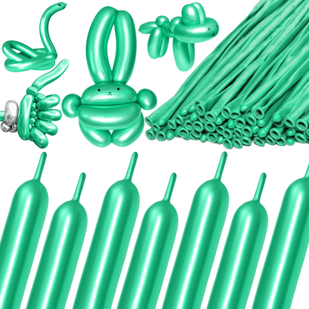 KAWKALSH 260 Metallic Green Long Balloons – 100pc Thick Latex Balloon Set for Creative Animal Shapes