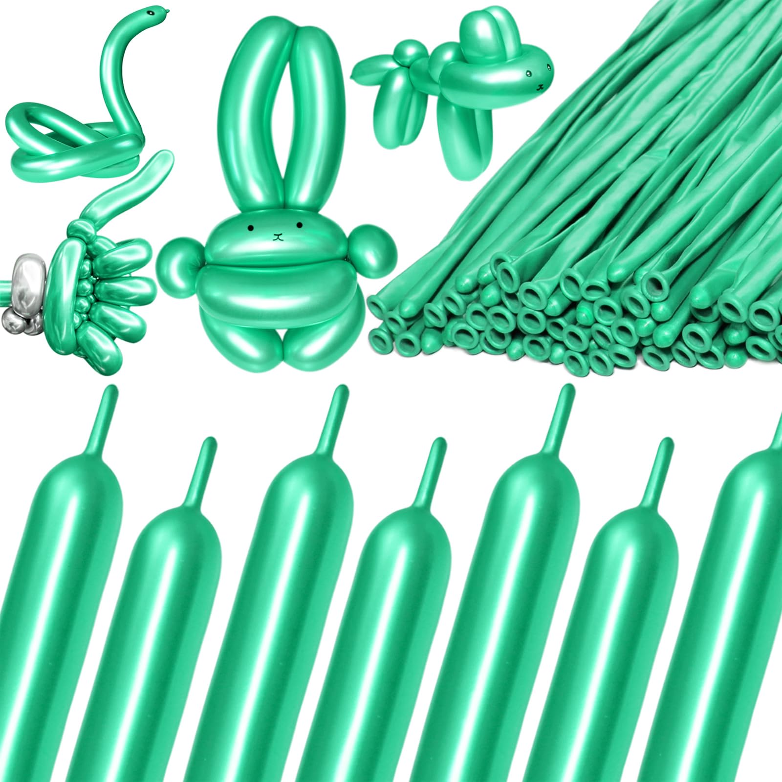 KAWKALSH 260 Metallic Green Long Balloons – 100pc Thick Latex Balloon Set for Creative Animal Shapes