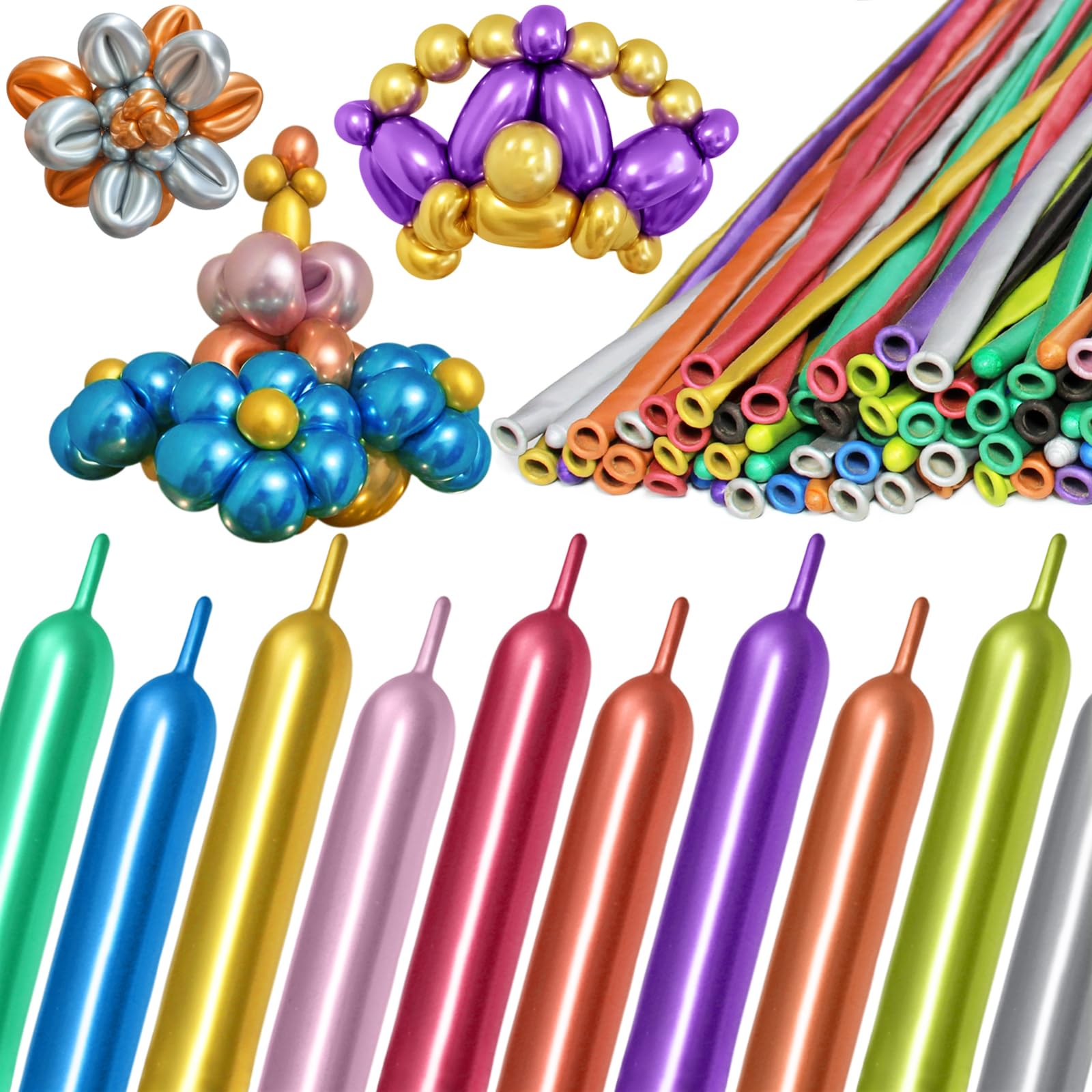 KAWKALSH 260 Metallic Multi Long Balloons – 100pcs Thick Latex for Garlands & Animal Twists