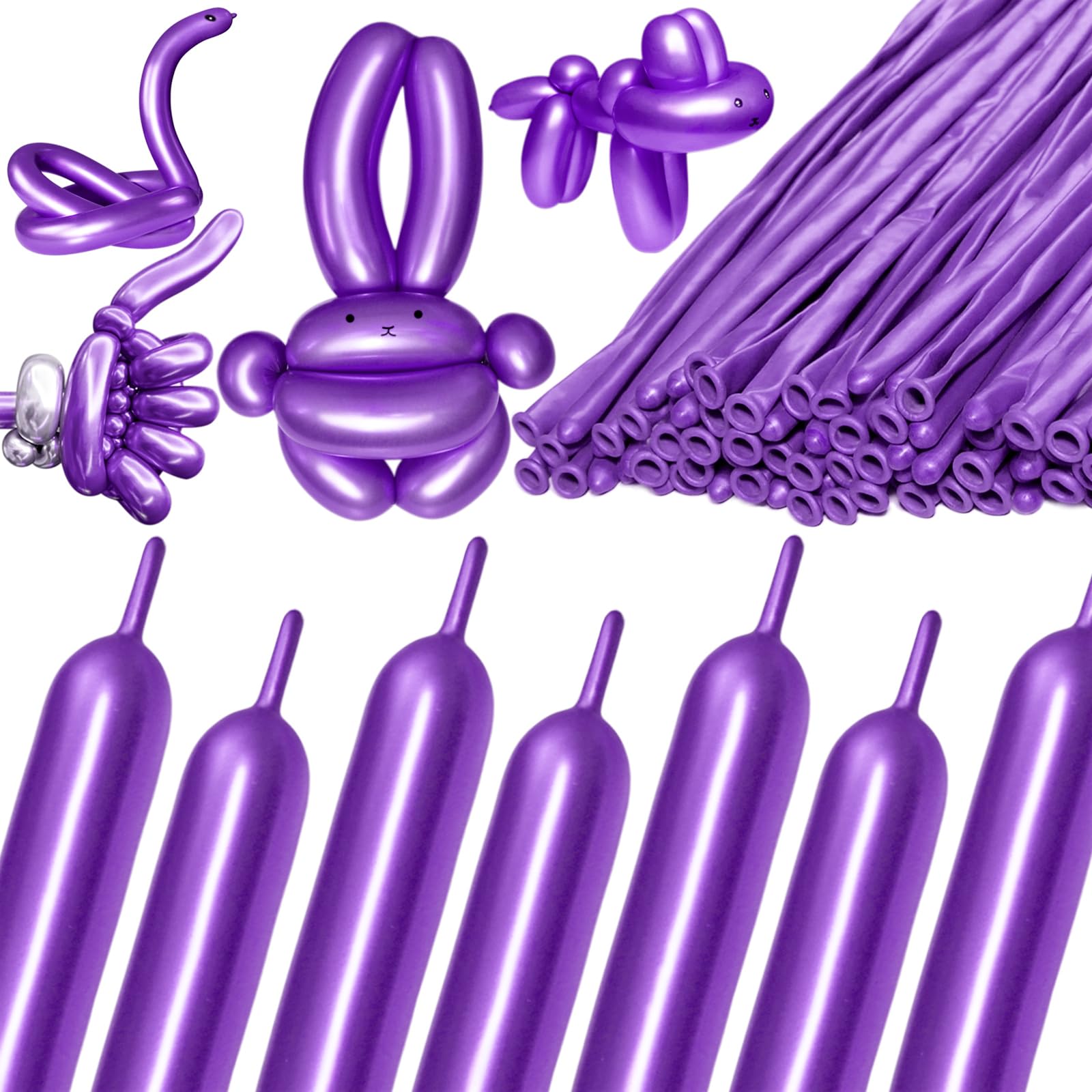 KAWKALSH 260 Metallic Purple Long Balloons – 100pcs Thick 20% Latex for Garlands & Twisting