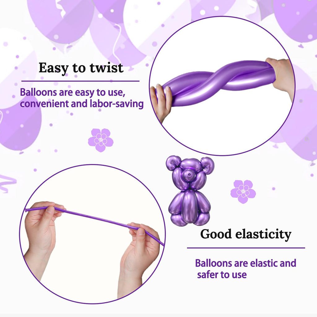 KAWKALSH 260 Metallic Purple Long Balloons – 100pcs Thick 20% Latex for Garlands & Twisting