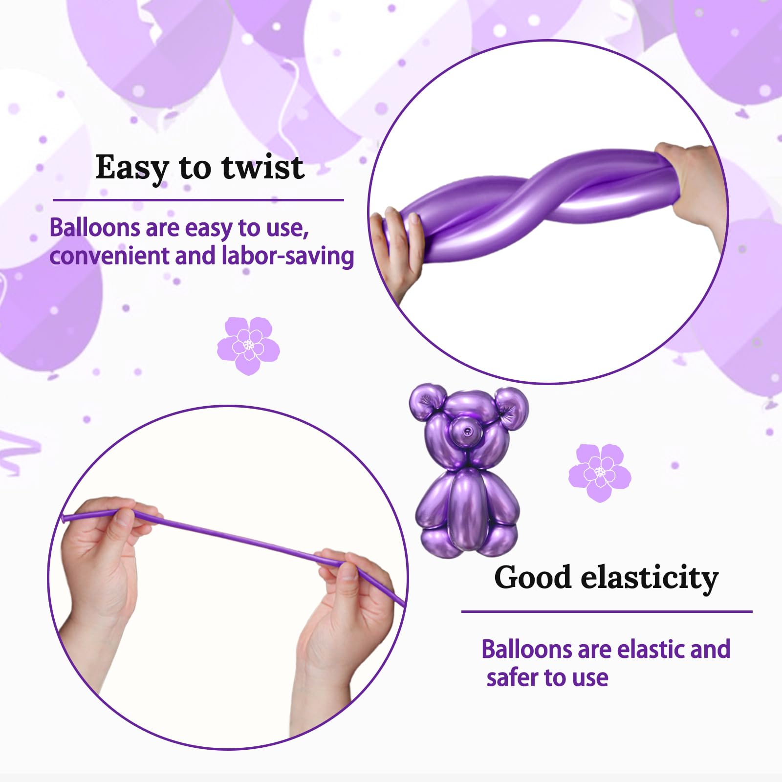 KAWKALSH 260 Metallic Purple Long Balloons – 100pcs Thick 20% Latex for Garlands & Twisting
