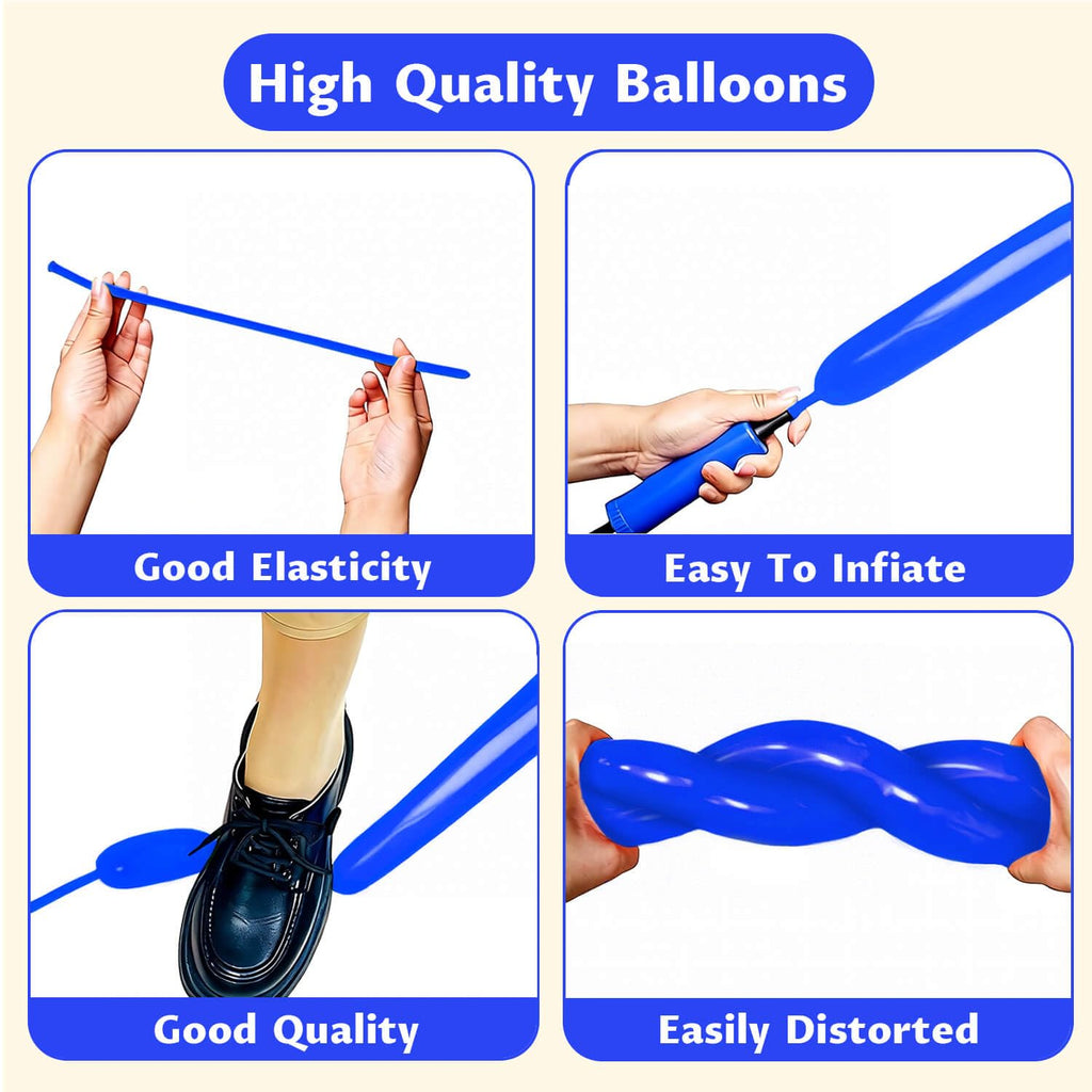 KAWKALSH 260 Blue Long Balloons – Thick, Durable Skinny Latex for Animal Twisting (100 pcs)