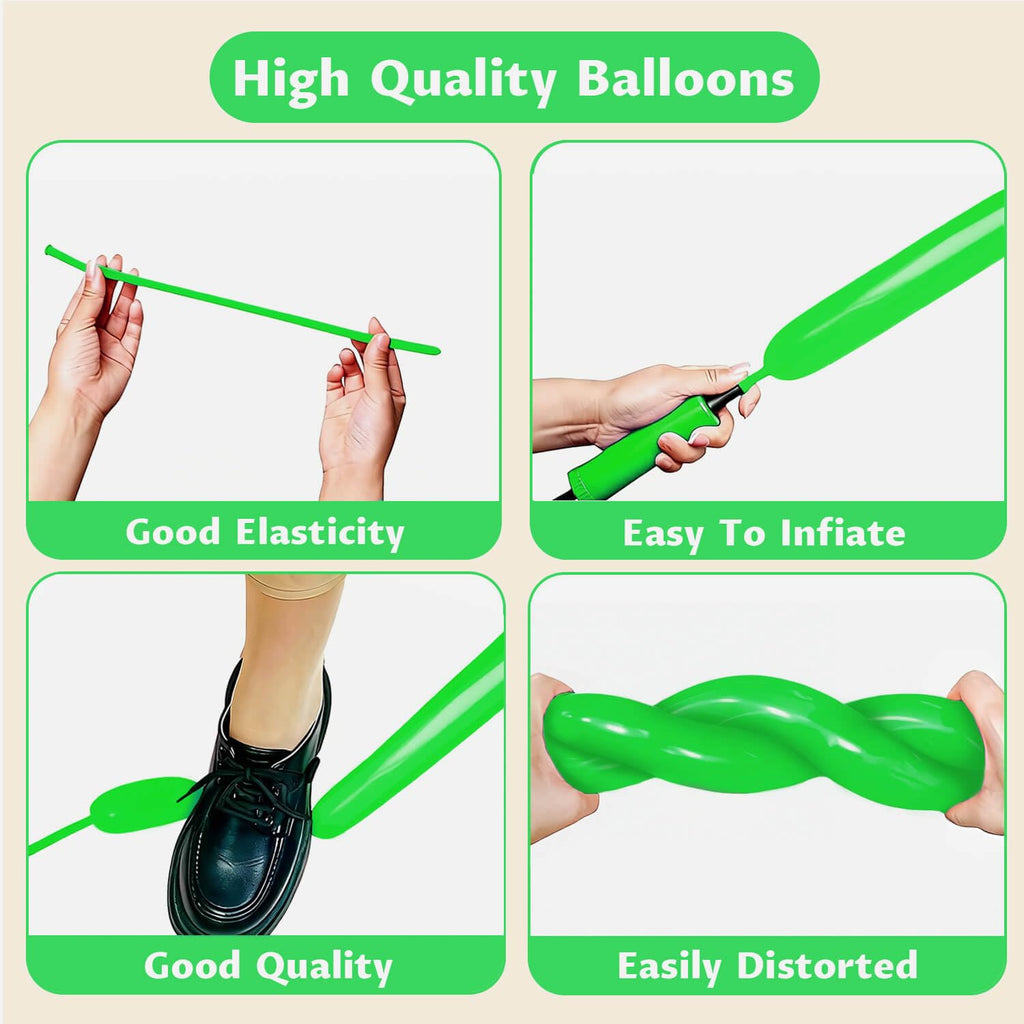 KAWKALSH 260 Green Long Balloons – Thickened Skinny Latex for Balloon Animals & Garlands | 100 pcs
