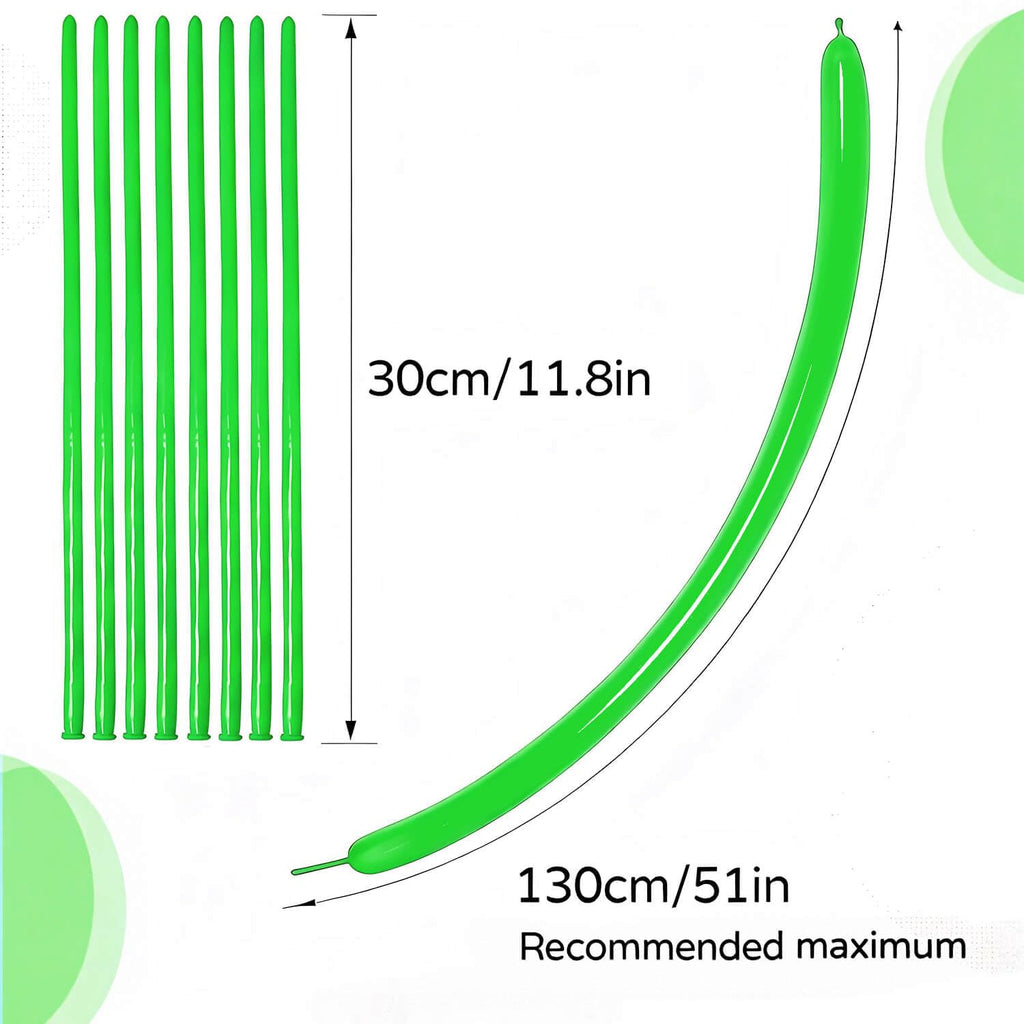 KAWKALSH 260 Green Long Balloons – Thickened Skinny Latex for Balloon Animals & Garlands | 100 pcs