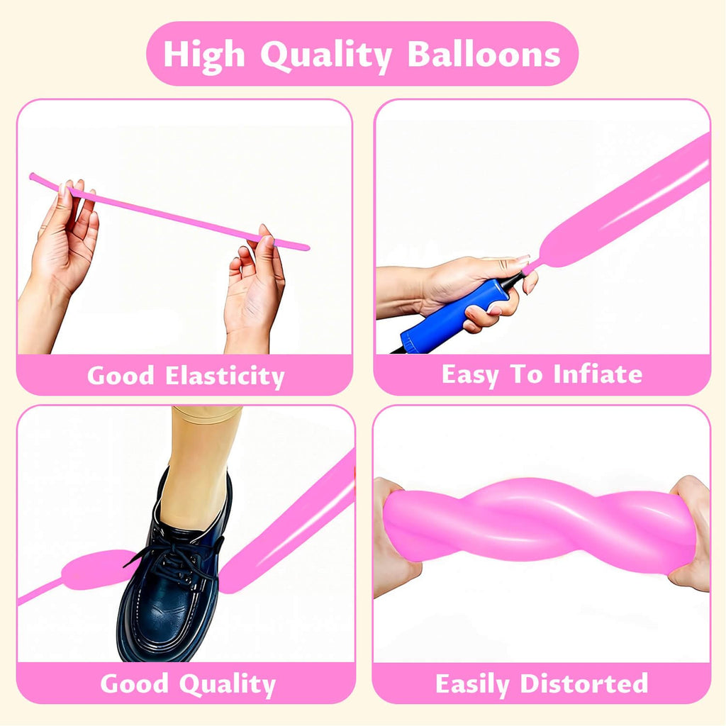 KAWKALSH 260 Pink Long Balloons – Thick 20% Latex, 100pcs for Balloon Animals & Party Decor