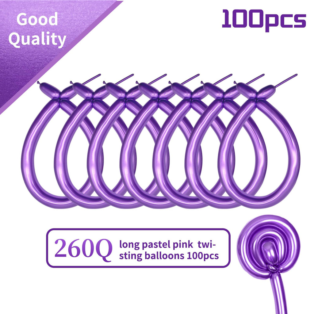KAWKALSH 260 Metallic Purple Long Balloons – 100pcs Thick 20% Latex for Garlands & Twisting