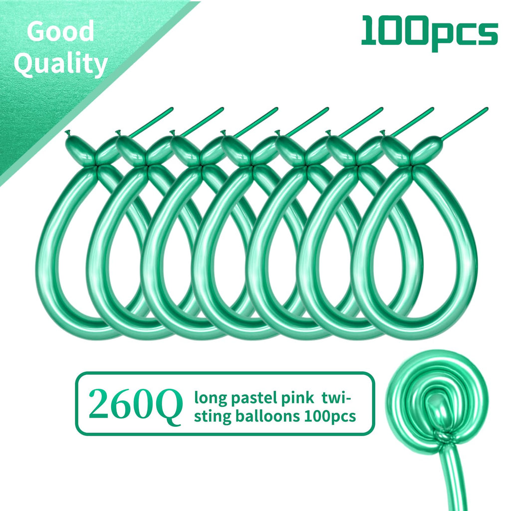 KAWKALSH 260 Metallic Green Long Balloons – 100pc Thick Latex Balloon Set for Creative Animal Shapes