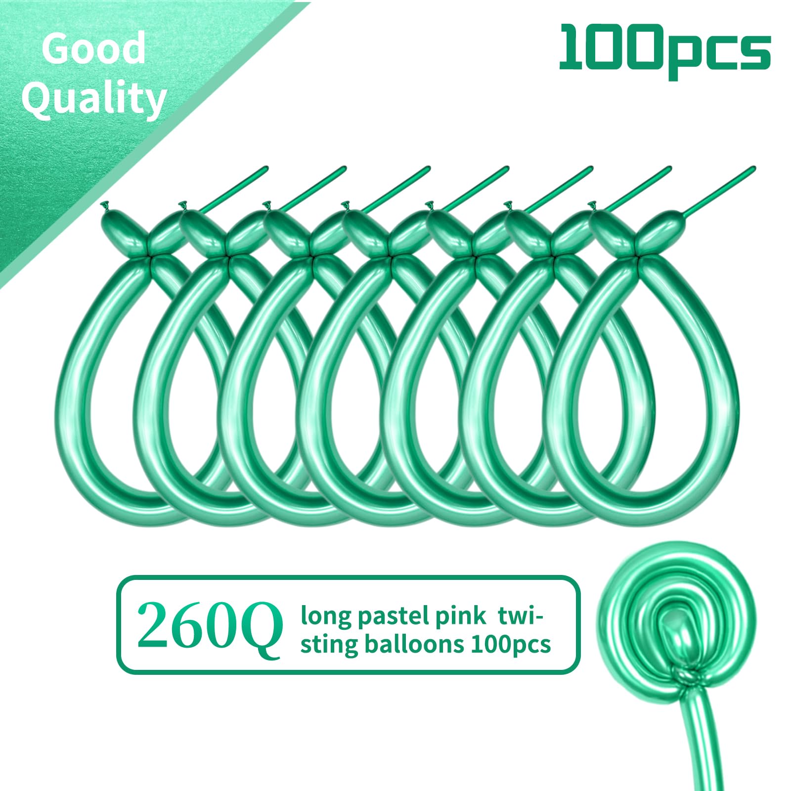 KAWKALSH 260 Metallic Green Long Balloons – 100pc Thick Latex Balloon Set for Creative Animal Shapes