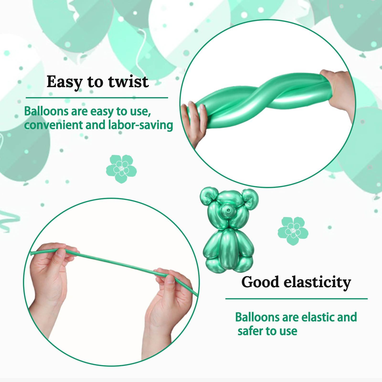 KAWKALSH 260 Metallic Green Long Balloons – 100pc Thick Latex Balloon Set for Creative Animal Shapes