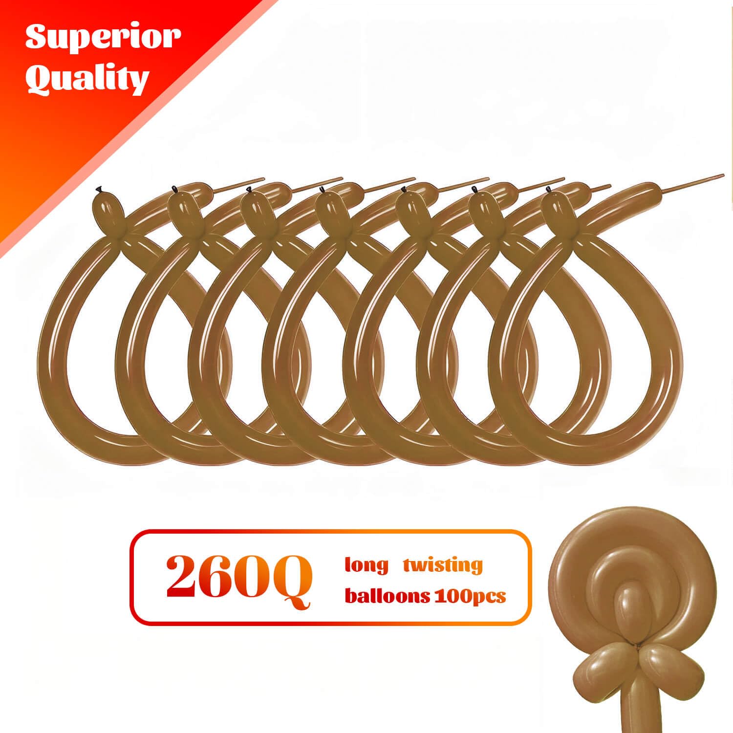 KAWKALSH 260 Coffee Brown Long Balloons – Thick, Elastic Natural Latex for Balloon Garlands & Animal Twists (100pcs)