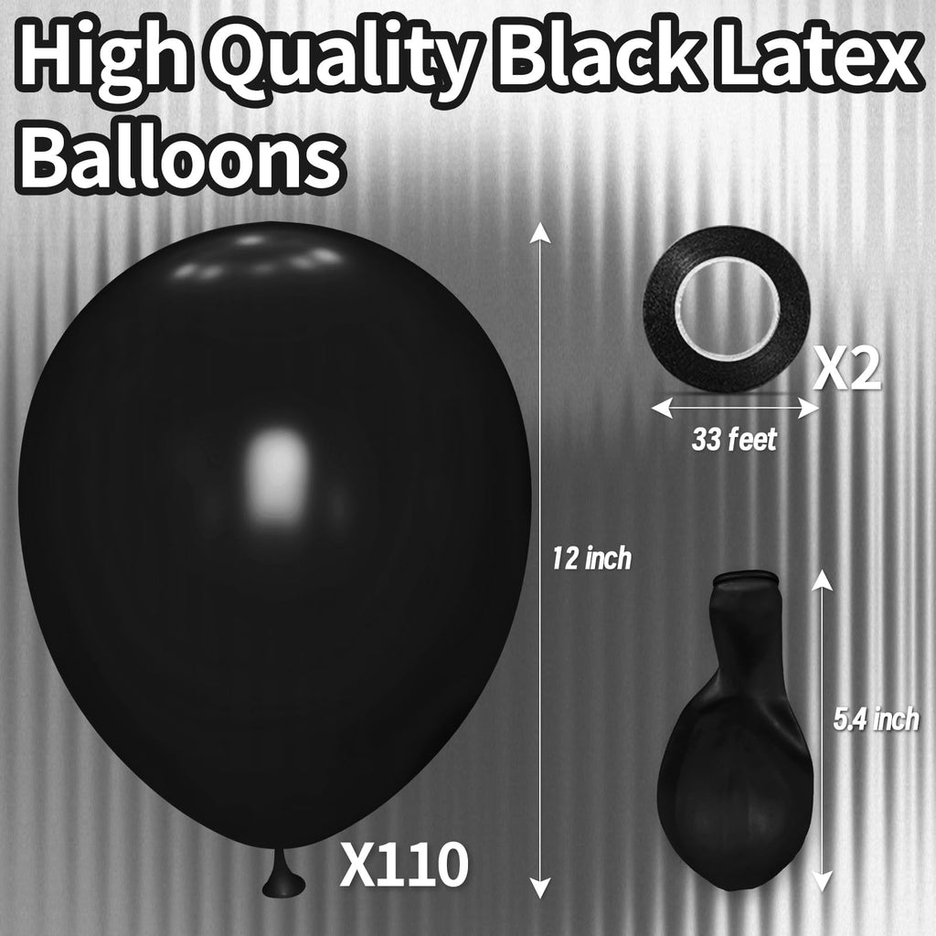 KAWKALSH Black Latex Balloons 110pcs - 12in Thickened, Durable Party Decor