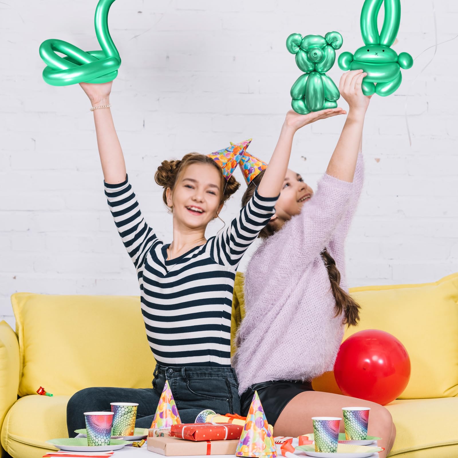 KAWKALSH 260 Metallic Green Long Balloons – 100pc Thick Latex Balloon Set for Creative Animal Shapes