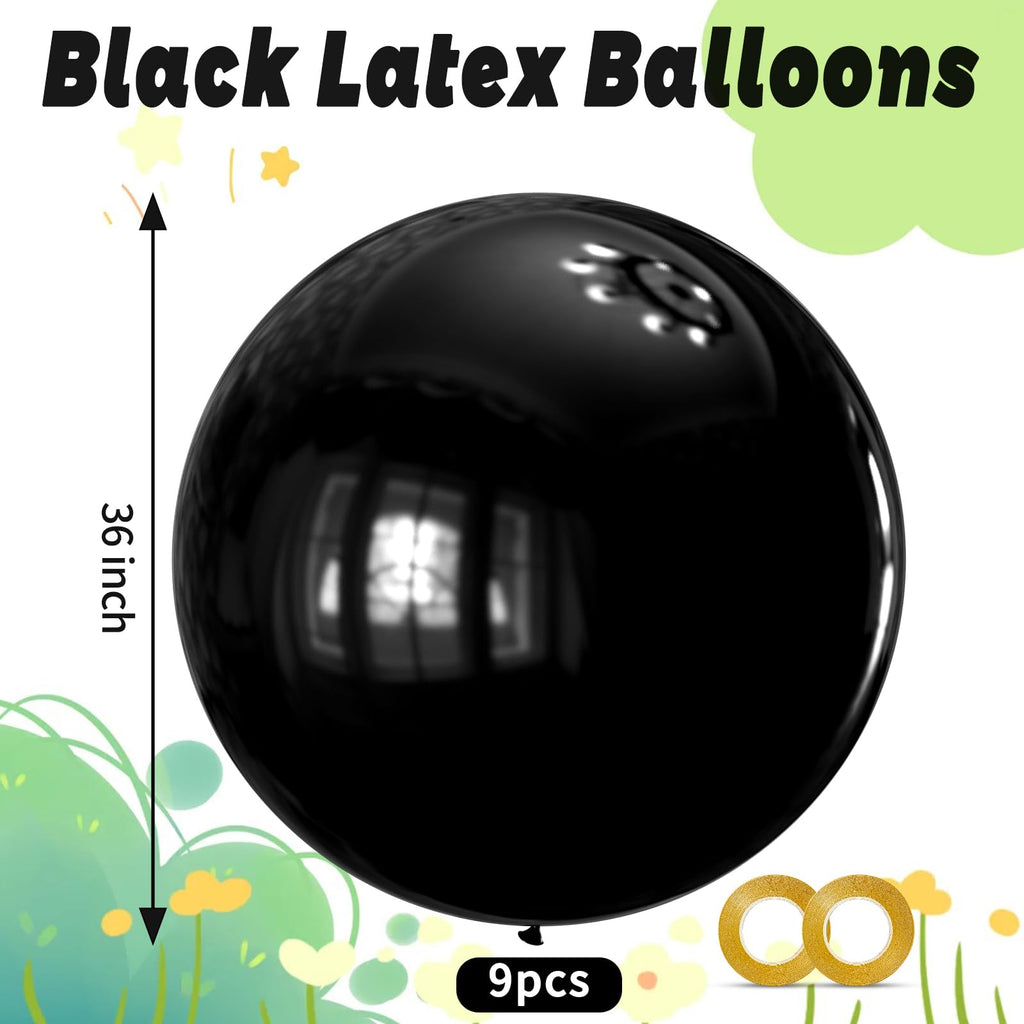 KAWKALSH 36-Inch Matte Black Balloons – 9-Pack Giant Latex for Luxury Events