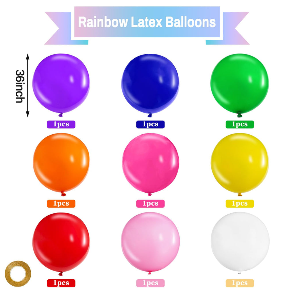 KAWKALSH Assorted Rainbow Giant Balloons 36-Inch | 9-Pack Jumbo Latex Balloons for Parties