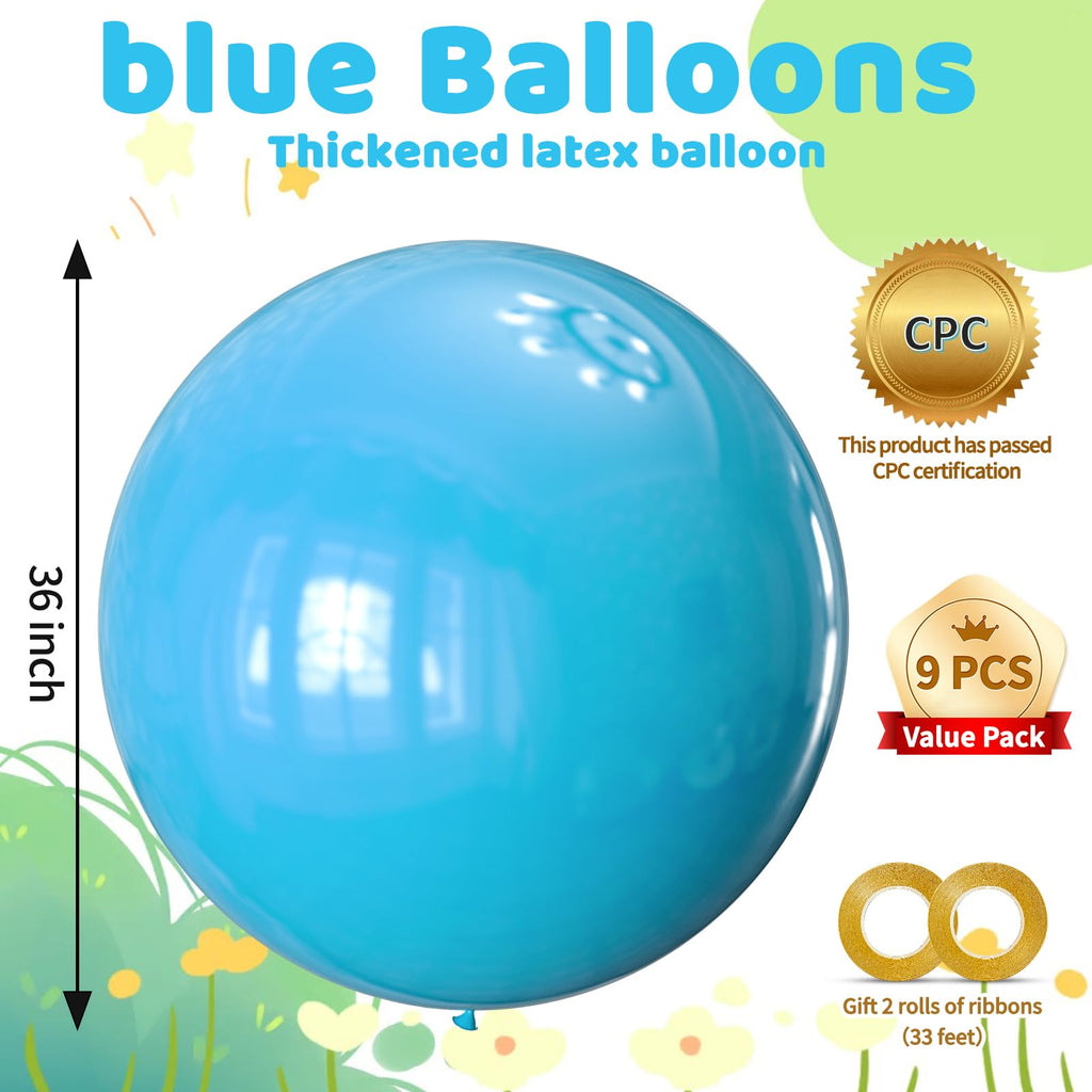 KAWKALSH Light Blue 36-Inch Giant Balloons - 9-Piece Jumbo Sky Aqua Party Decorations