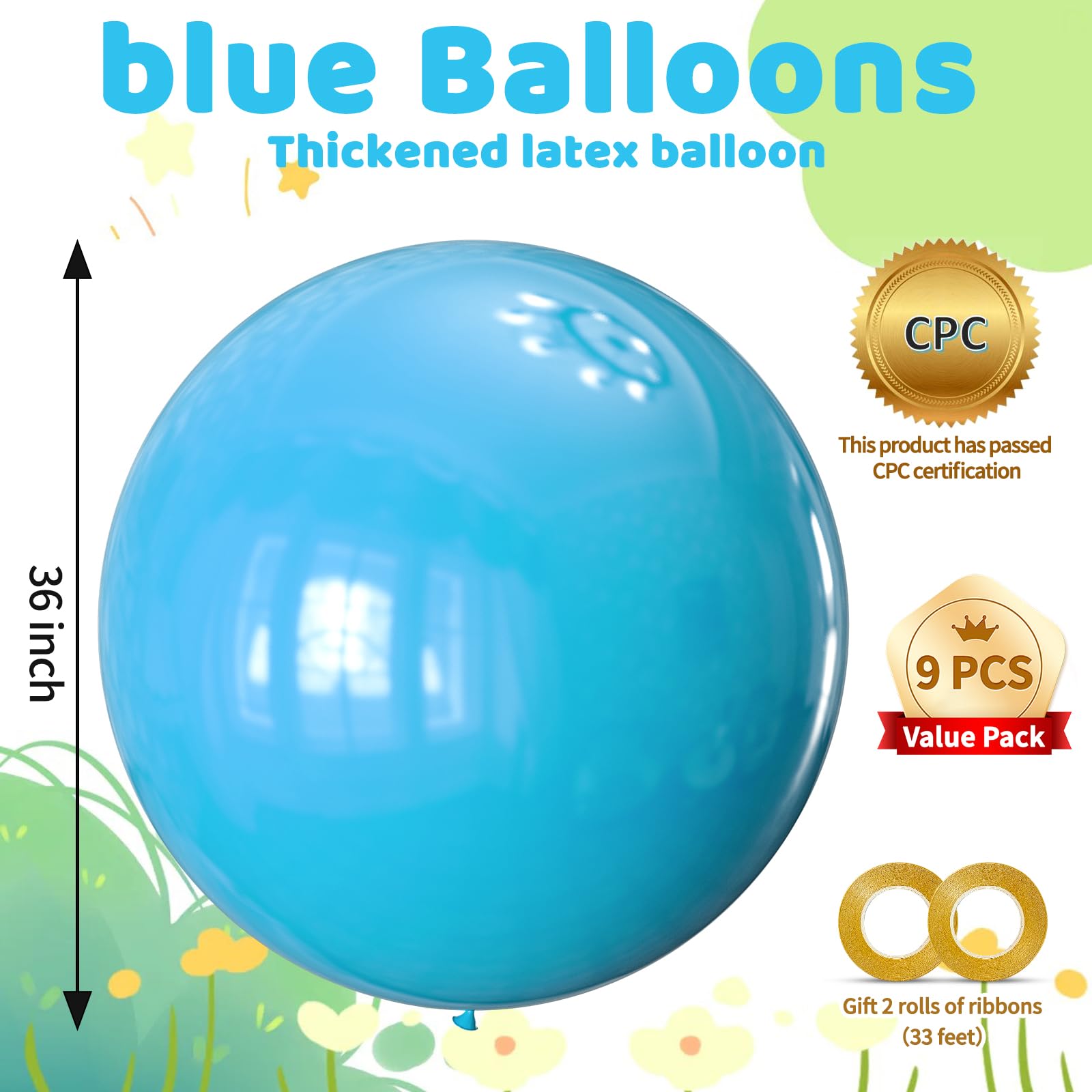 KAWKALSH Light Blue 36-Inch Giant Balloons - 9-Piece Jumbo Sky Aqua Party Decorations