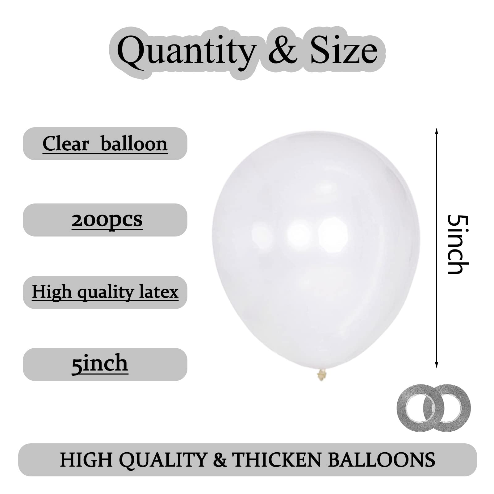 KAWKALSH 200-Pack Clear 5-Inch Latex Balloons for Party Garlands & Arches