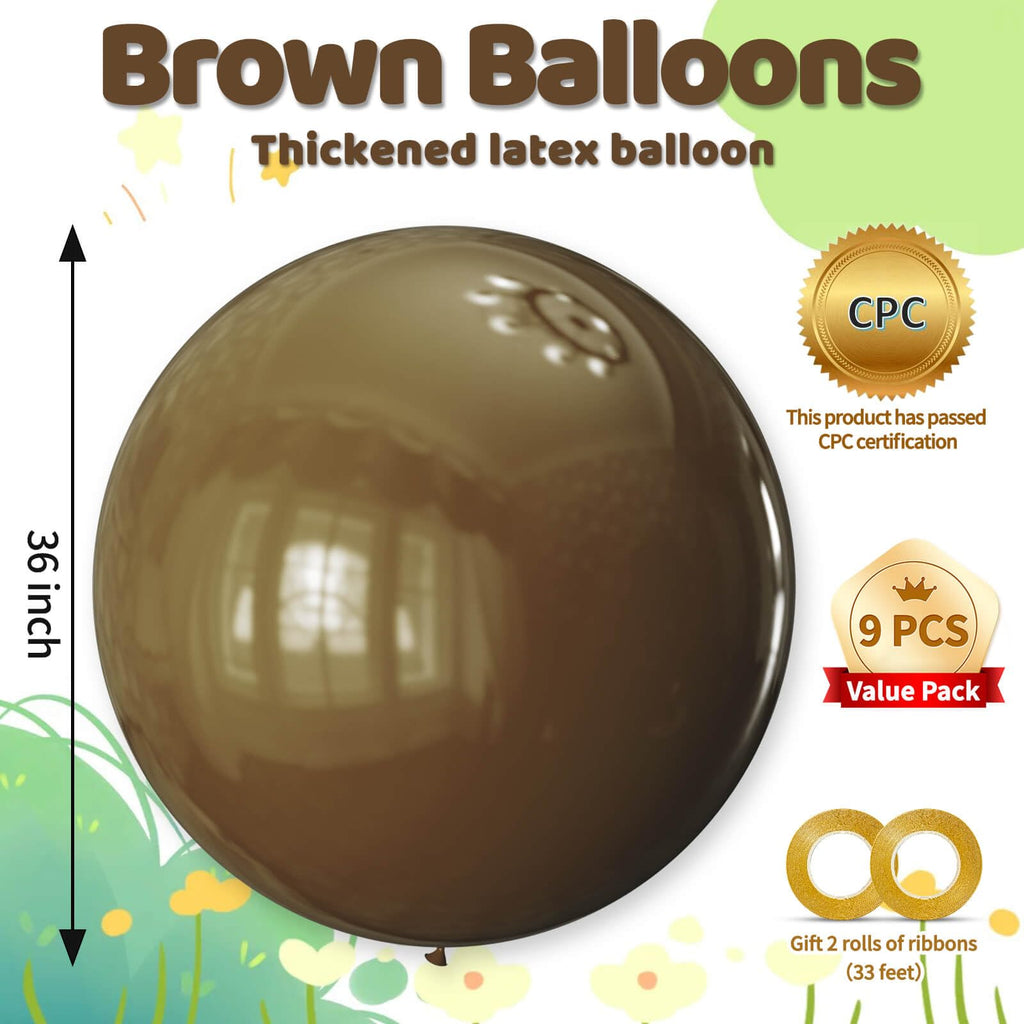 KAWKALSH Brown Balloons – 9-Pack, 36-Inch Matte Latex, Giant Boho Decor for Weddings & Events