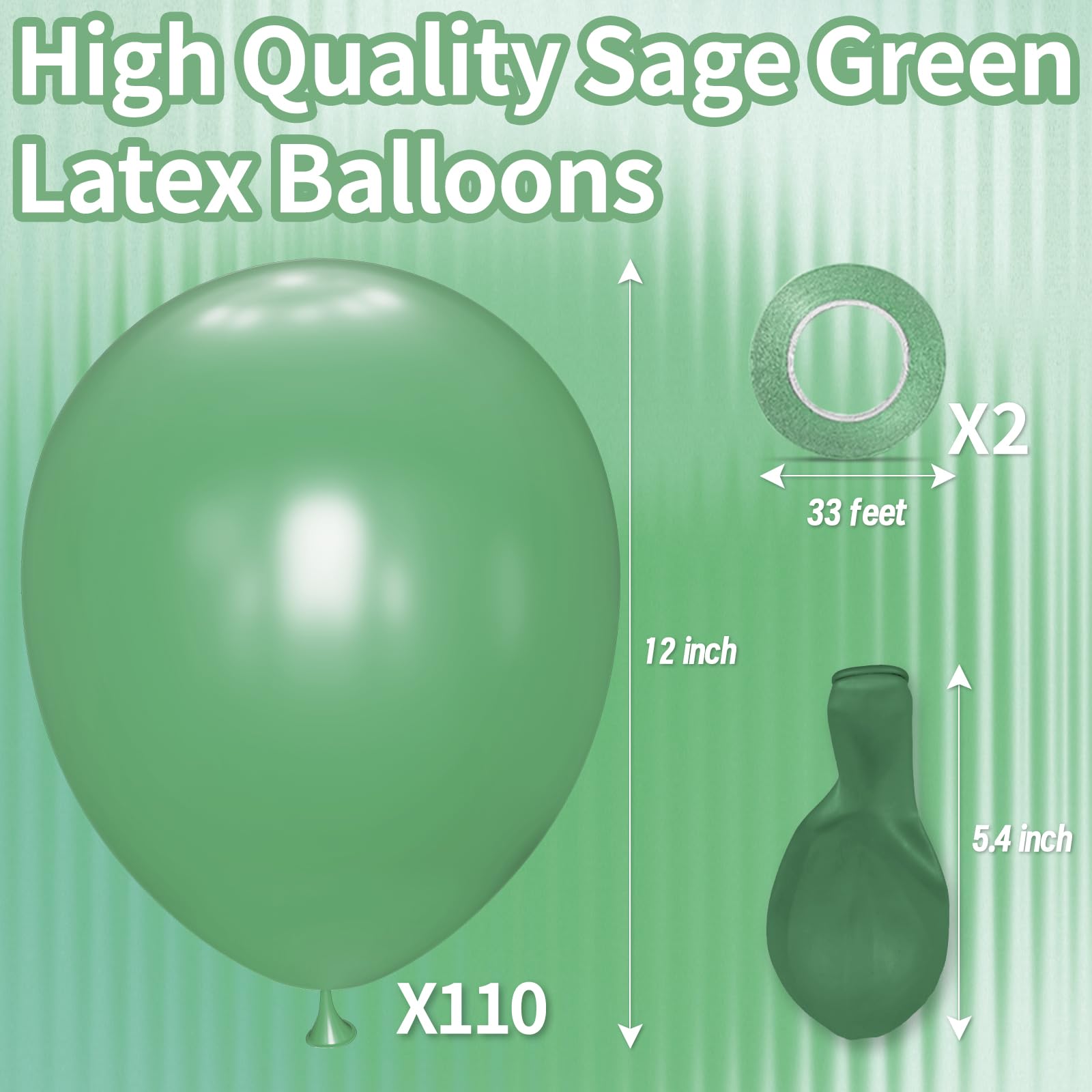 KAWKALSH Sage Green 12-Inch Latex Balloons | 110-Count Bulk Pack for Weddings, Baby Showers & Events