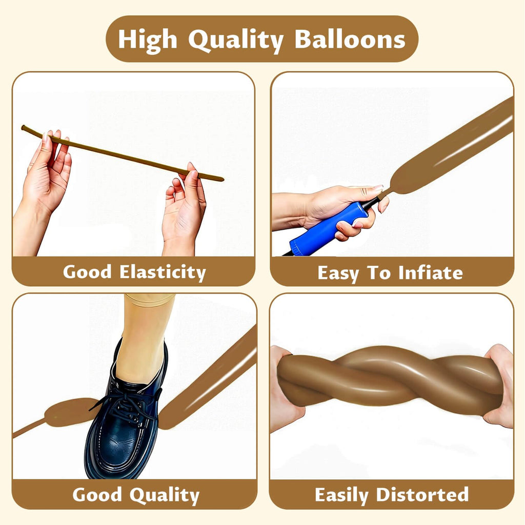 KAWKALSH 260 Coffee Brown Long Balloons – Thick, Elastic Natural Latex for Balloon Garlands & Animal Twists (100pcs)