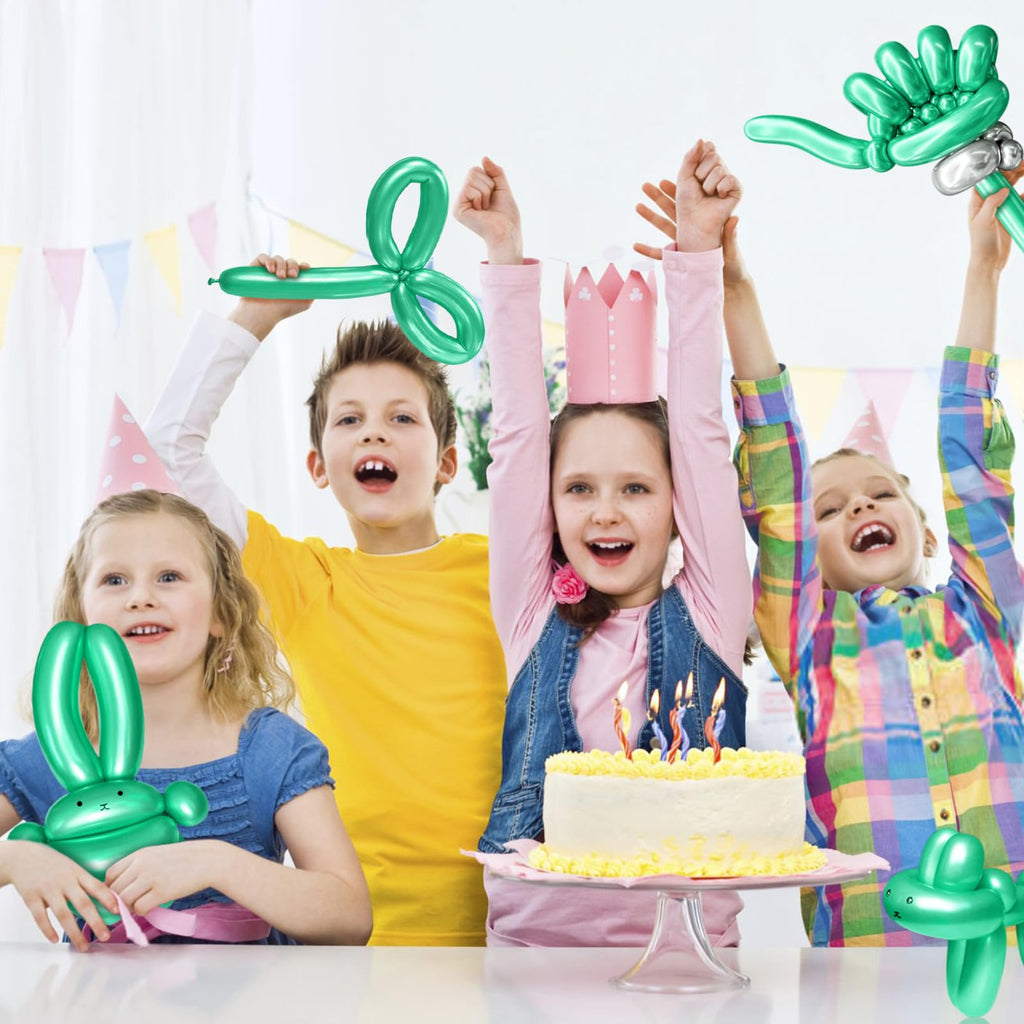 KAWKALSH 260 Metallic Green Long Balloons – 100pc Thick Latex Balloon Set for Creative Animal Shapes
