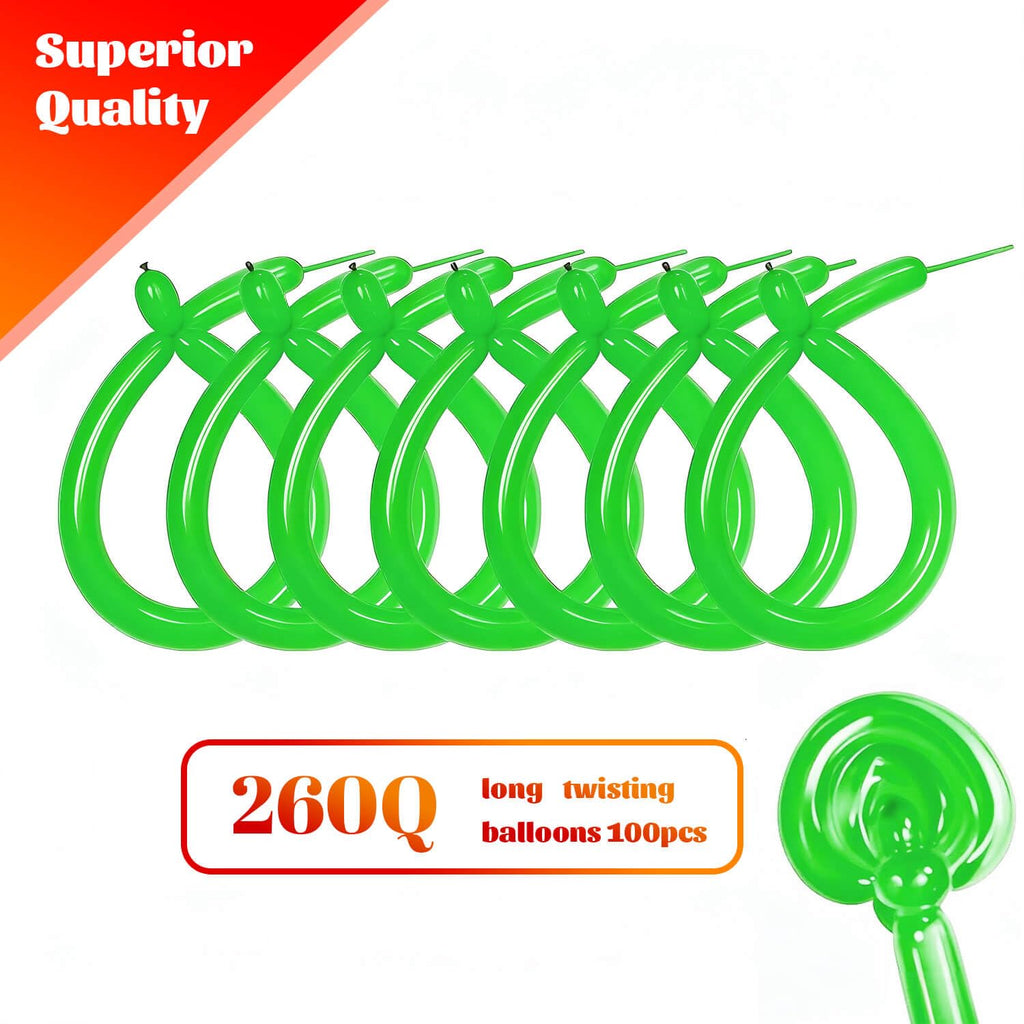 KAWKALSH 260 Green Long Balloons – Thickened Skinny Latex for Balloon Animals & Garlands | 100 pcs