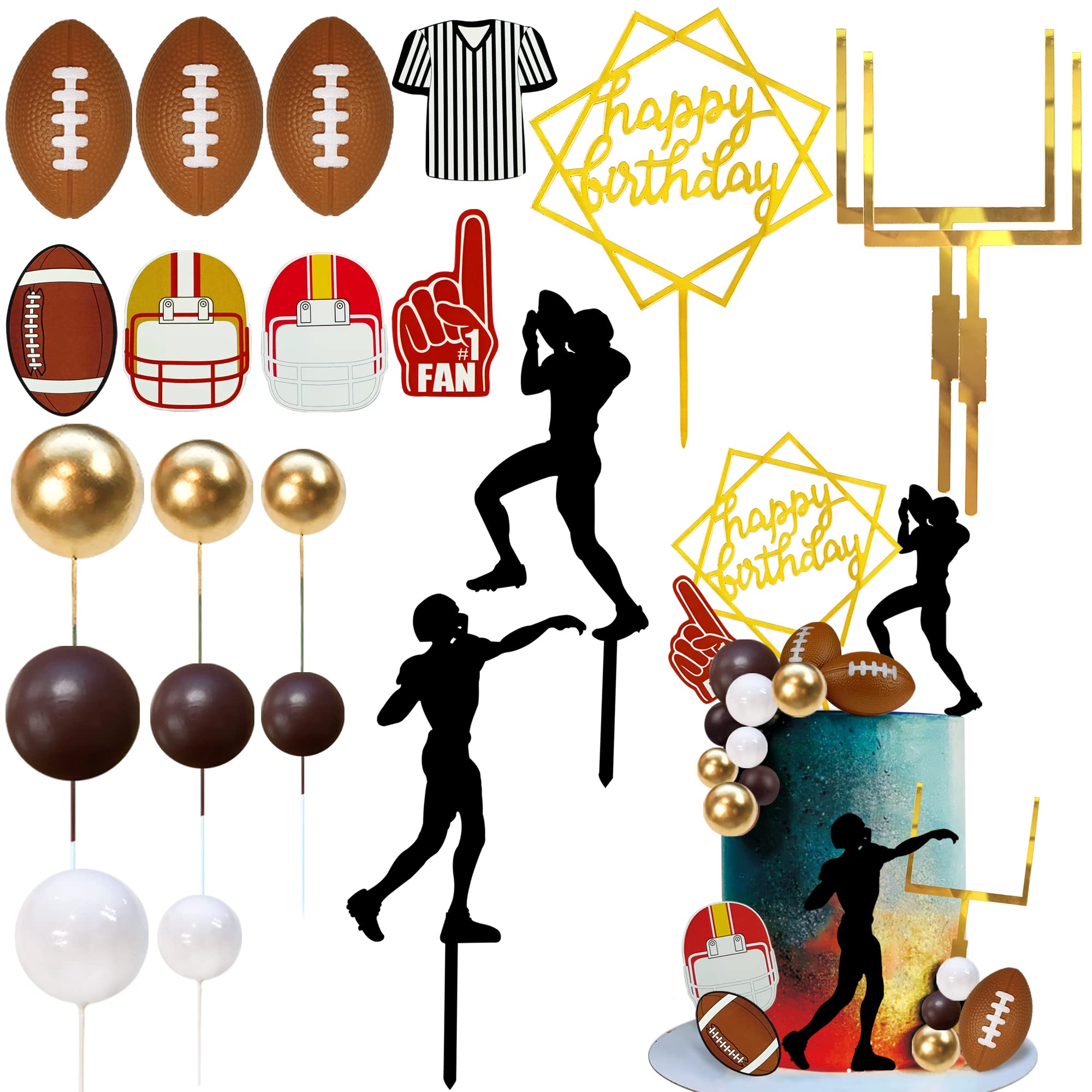 KDPATFAV 21Pcs Football Cake Topper Set – Acrylic Happy Birthday Toppers & Sports-Themed Cupcake Picks