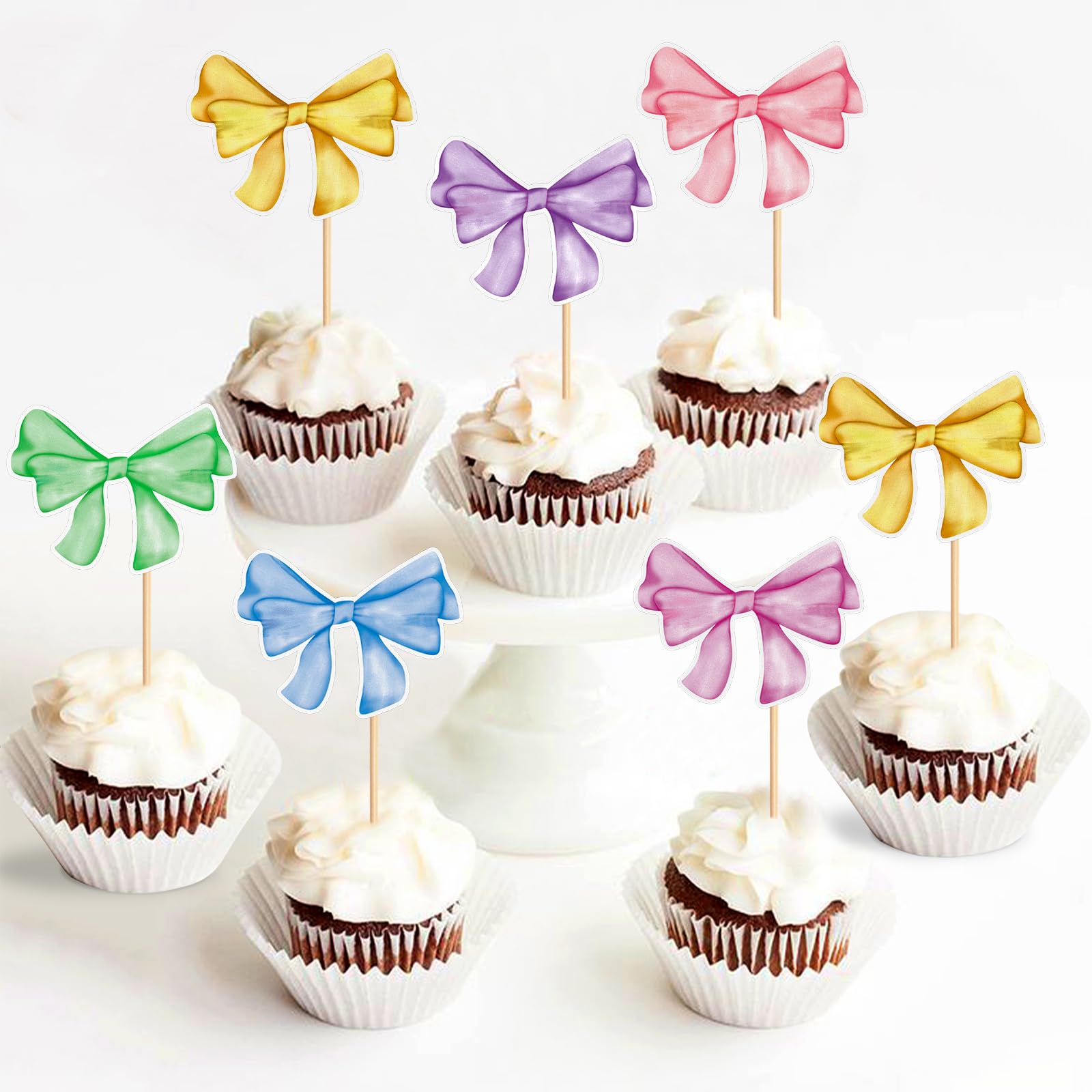 Keaziu 24 Pack Colorful Bows Cupcake Toppers – Watercolor Bowknot Picks for Baby Showers & Birthday Cakes