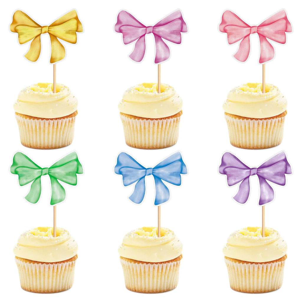 Keaziu 24 Pack Colorful Bows Cupcake Toppers – Watercolor Bowknot Picks for Baby Showers & Birthday Cakes
