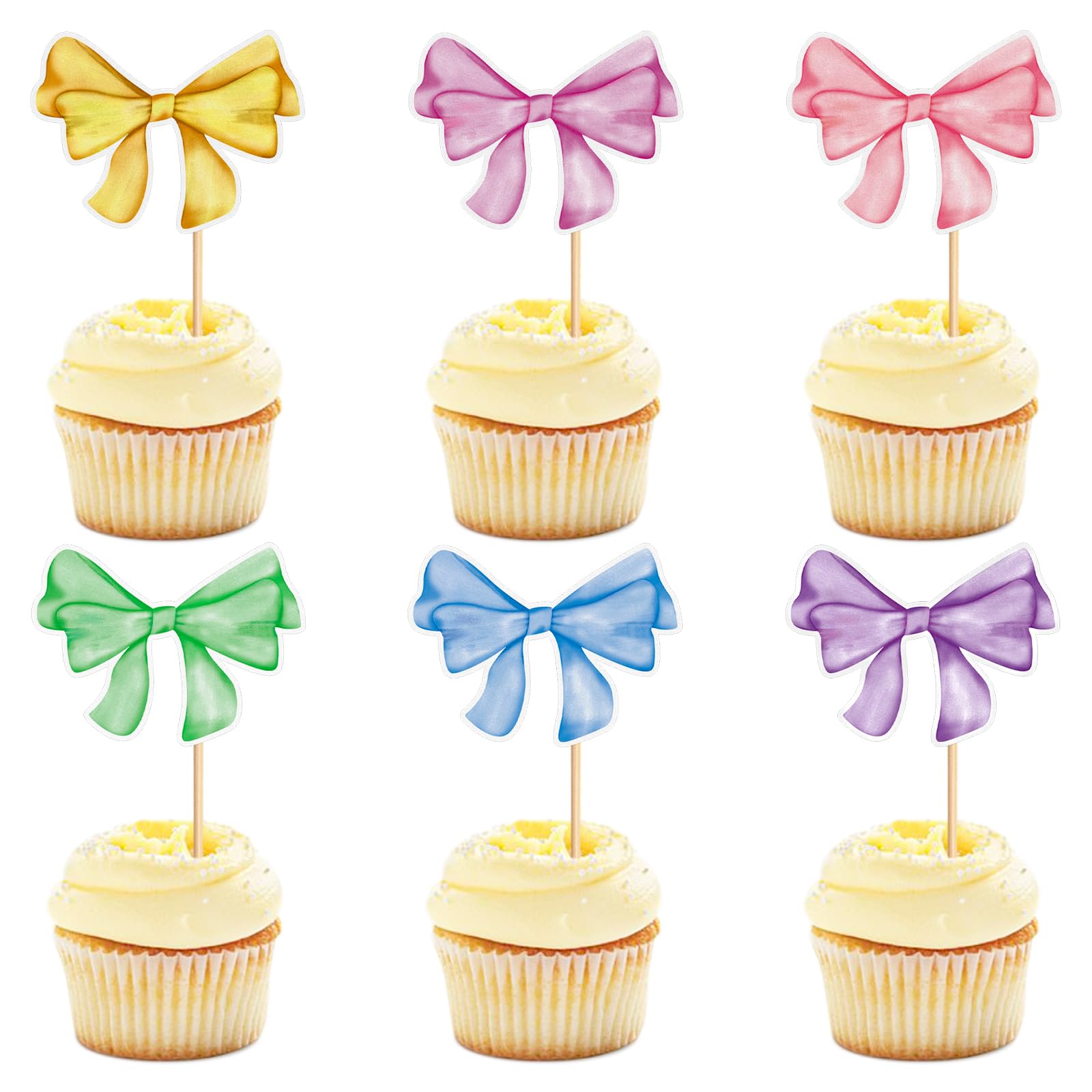 Keaziu 24 Pack Colorful Bows Cupcake Toppers – Watercolor Bowknot Picks for Baby Showers & Birthday Cakes
