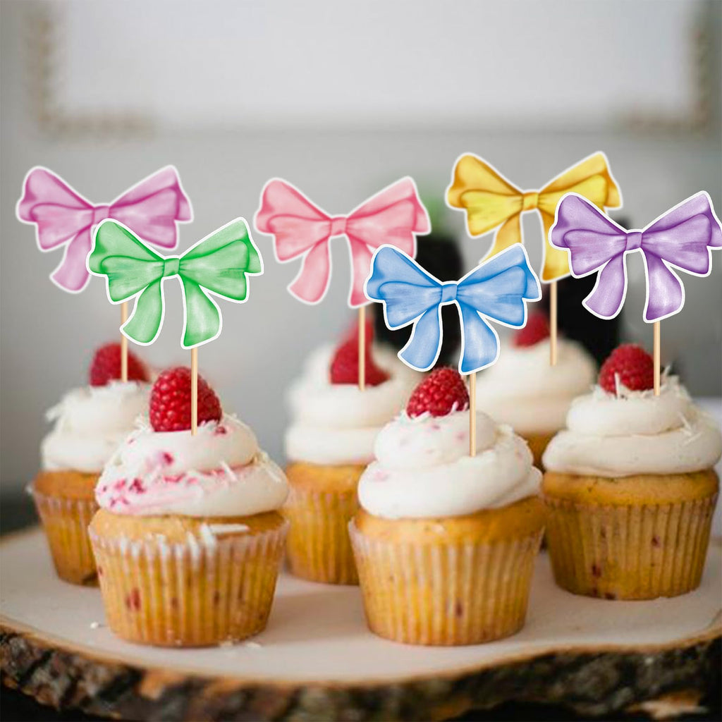Keaziu 24 Pack Colorful Bows Cupcake Toppers – Watercolor Bowknot Picks for Baby Showers & Birthday Cakes