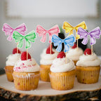 Keaziu 24 Pack Colorful Bows Cupcake Toppers – Watercolor Bowknot Picks for Baby Showers & Birthday Cakes