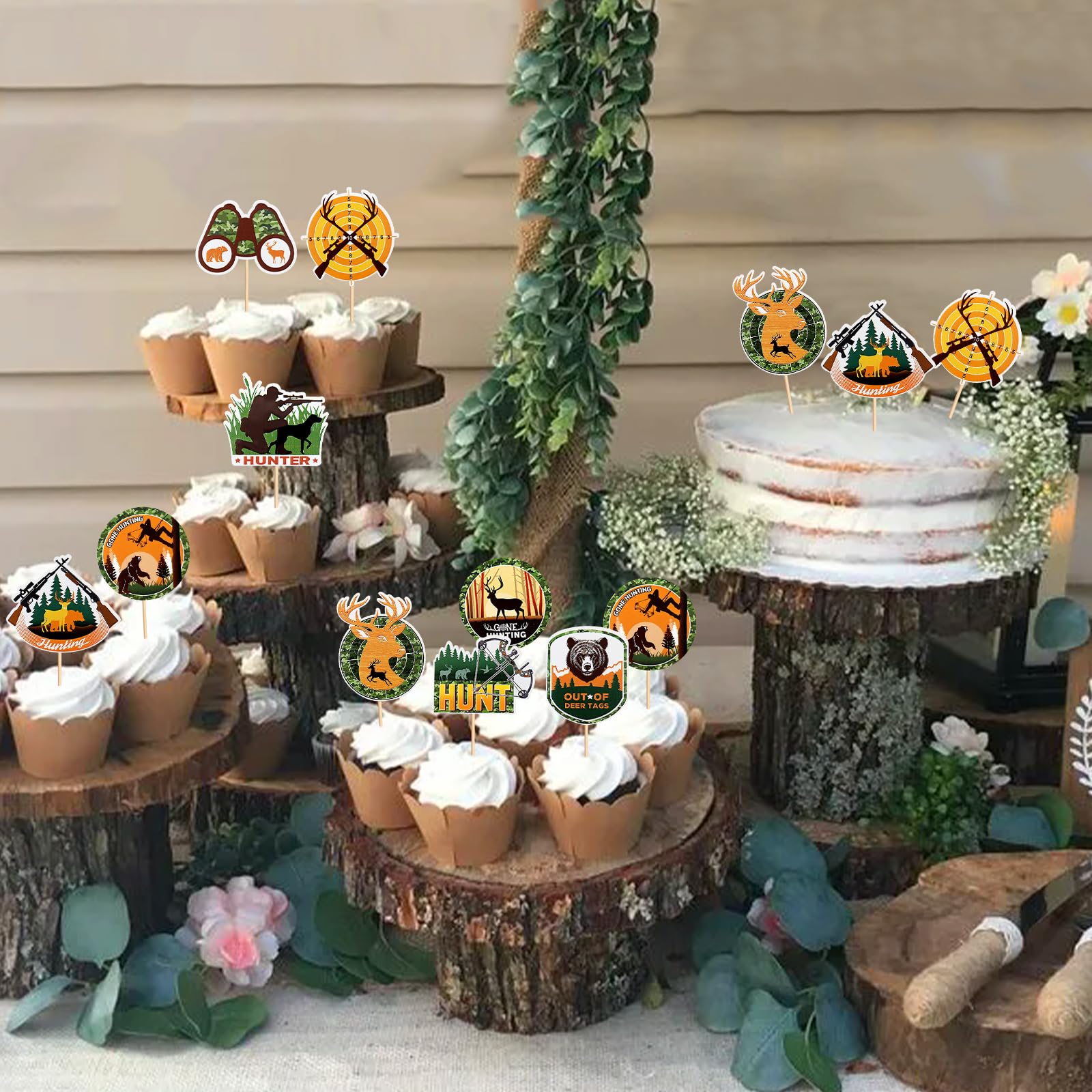 Keaziu 36Pcs Hunting Birthday Cupcake Toppers – Deer, Gun, Forest Theme Party Decor