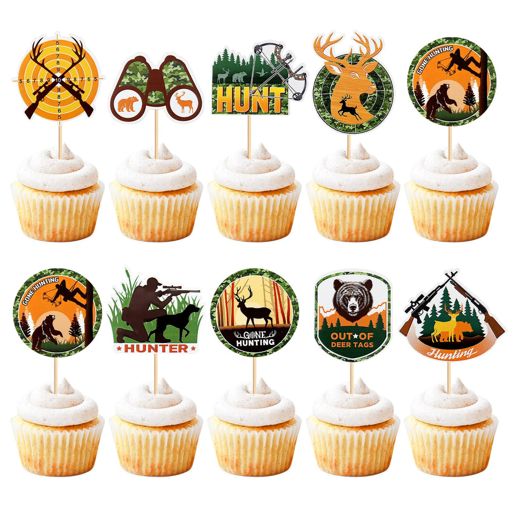 Keaziu 36Pcs Hunting Birthday Cupcake Toppers – Deer, Gun, Forest Theme Party Decor