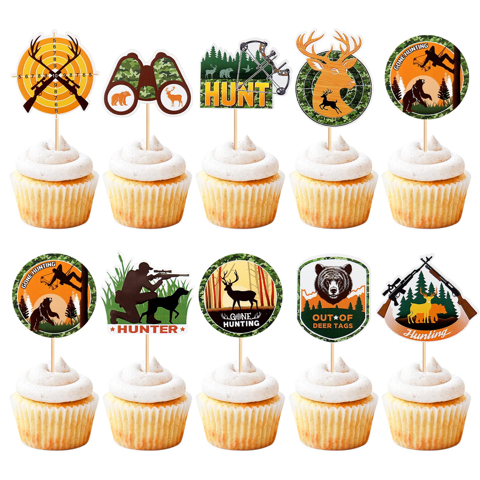 Keaziu 36Pcs Hunting Birthday Cupcake Toppers – Deer, Gun, Forest Theme Party Decor
