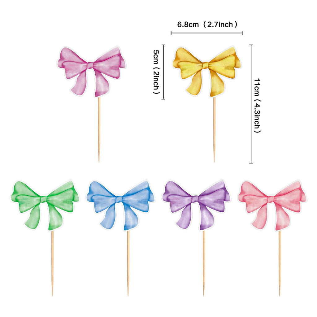 Keaziu 24 Pack Colorful Bows Cupcake Toppers – Watercolor Bowknot Picks for Baby Showers & Birthday Cakes