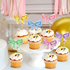 Keaziu 24 Pack Colorful Bows Cupcake Toppers – Watercolor Bowknot Picks for Baby Showers & Birthday Cakes