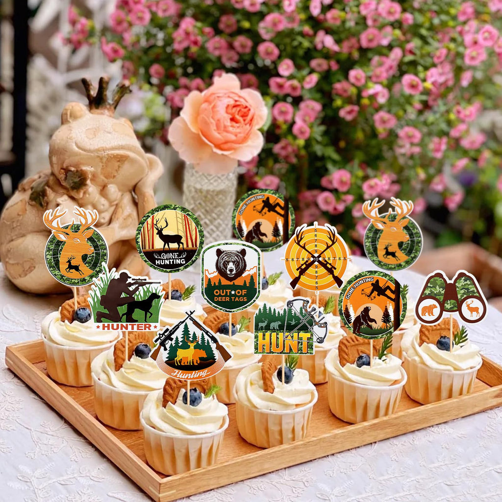 Keaziu 36Pcs Hunting Birthday Cupcake Toppers – Deer, Gun, Forest Theme Party Decor