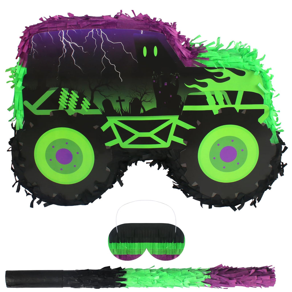 Kedaijin Green & Purple Monster Truck Pinata – Small (15.75x11x2.36 in) with Stick & Blindfold